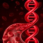 Illustration of DNA, blood cells, and a blood vessel.