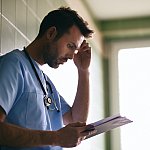Stressed doctor reading letter