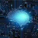 Illustration of a brain on a circuit board, with one area brightened