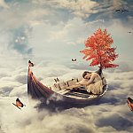 Young woman drifting above the clouds on a boat with a tree growing in it and butterflies and birds flying around.