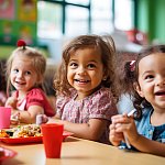 Group of AI-generated preschoolers sitting in the school cafeteria eating lunch.