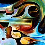 Abstract painting depicting a human head and music.