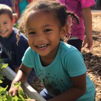 AI-generated young children tending to plants in a community garden.