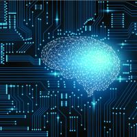 Illustration of a brain on a circuit board, with one area brightened