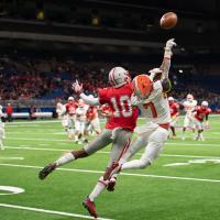 Football players on the field leap to catch the ball.