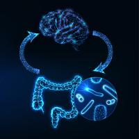 Futuristic illustration of microbiome’s role in gut-brain axis. 