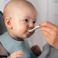 Woman feeds an eight-month-old baby solid foods. 
