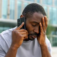 A man talking on the phone outdoors with a worried expression.