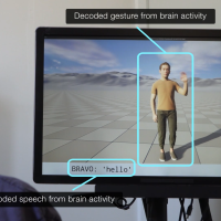 A person with a brain implant views a screen displaying a human avatar