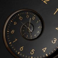  Black clockface with gold numbers, twisted in a spiral pattern.