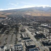 Aerial view of Lahaina after the wildfires in Maui.